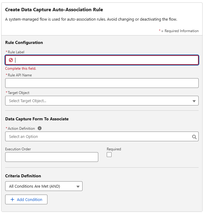 Screenshot of a Data Capture Auto-Association Rule configuration in Salesforce Go