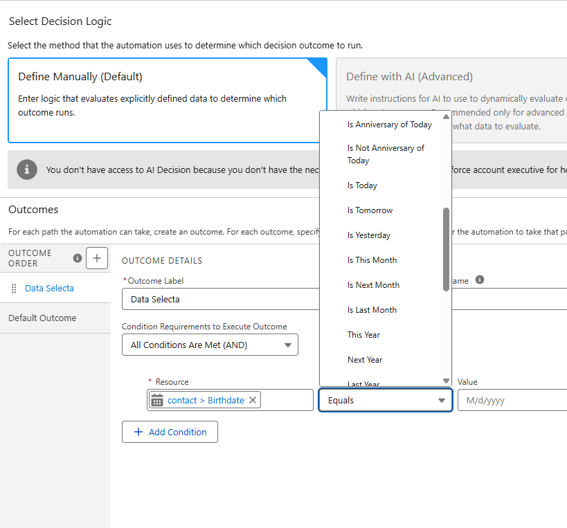Date operators available in a decision element for date fields