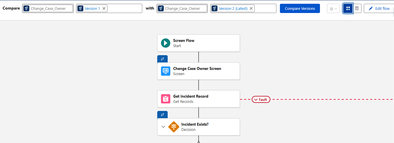Flow version differences shown on the canvas view